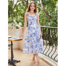 Floral Dresses for Women Ruffle Riered Vacation Smocked Summer Dress Blue 2XL