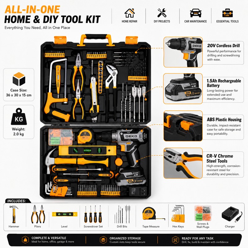 20V Cordless Drill Kit for Home Repairs – Rechargeable Power