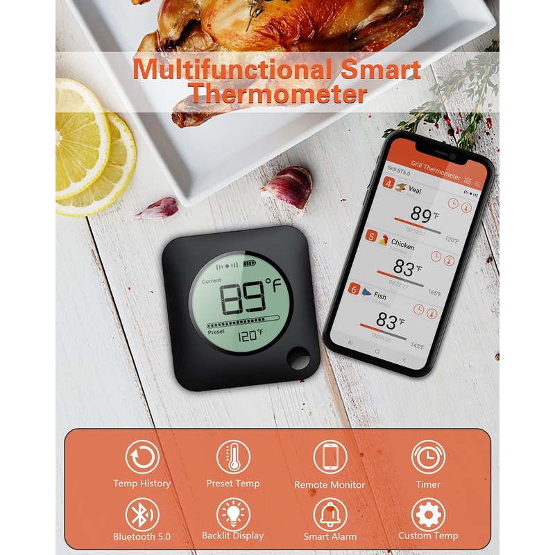 BFOUR Bluetooth Meat Thermometer for Grilling, Wireless BBQ Thermometer with