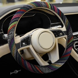 Hbxdeco Boho Steering Wheel Cover, Ethnic Style Car Steering Wheel Cover Protector, Anti-Slip Flax Cloth Cover Universal Fits 14.5-15 Inch Steering Wheel, Interior Car Accessories(B Style)