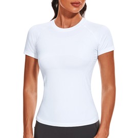 Stelle Women Workout Tops Short Sleeve Seamless Athletic Shirts Yoga Gym Sports Breathable Tees(White,M)