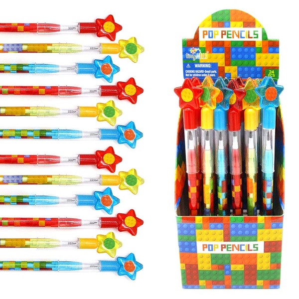 Tiny Mills 24 Pcs Building Blocks Brick Multi Point Stackable Pencil with Eraser for Brick Birthday Party Favor Prize Carnival Goodie Bag Stuffers Classroom Rewards Pinata Fillers