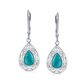 Western Style Blue Stabilized Turquoise Pear Shaped Lever Back Scroll Filigree Teardrop Drop Dangle Earrings For Women .925 Sterling Silver