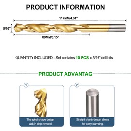 METALLIXITY 7.938mm Drill Bit (5/16") 10Pcs, 4241 High-Speed Steel Straight Shank Titanium Nitride (TiN) Coated 118° for Wood Plastic Iron Copper Aluminum Low Soft Metal