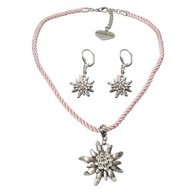 Alpenflüstern Costume Jewellery Set Cord Costume Necklace and Earrings Rhinestone Edelweiss – Women's Costume Jewellery, Costume Set Dirndl Necklace and Costume Earrings (Pink-Rose) SET021, Zinc