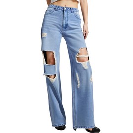 PAOLA RIBONI Baggy Mid Waisted Wide Leg Jeans for Woman Trendy, Inelastic Loose Fit Ripped Denim Jeans Distressed Denim Pants (US, Alpha, XX-Large, Regular, Regular, Blue)