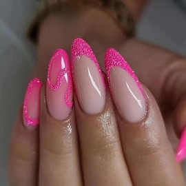 Press on Nails Medium Almond SWEKKE French Fake Nails Bright Pink Full Cover False Nails with Designs Pink Glitter Glossy Glue on Nails Stick on Nails Artificial Acrylic Nails for Women Girls 24 Pcs