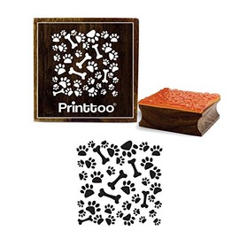 Printtoo Dog Paw Print & Bones Pattern Wooden Rubber Stamp Square Scrap-Booking-2 x 2 Inches