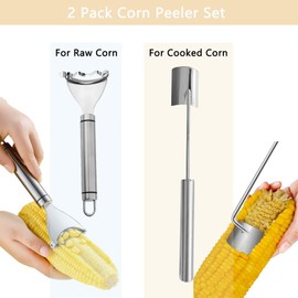 2 Pcs Corn Peeler Set with Long & Short Handle – Stainless Steel Corn Stripper Tools for Raw & Cooked Corn – Durable Kitchen Gadgets for Home, BBQ & Restaurant Use
