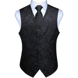 Enlision Men's Paisley Floral Wedding Party Jacquard Waistcoat&Necktie and Pocket Square Vest Suit Set, Black, M(Chest size 44)