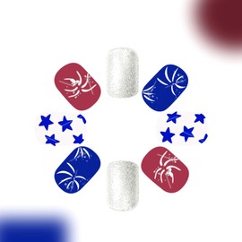 Press on Nails Short Square Independence Day Fake Nails with Stars Lines Glitter Design Nails Press ons Silver Glitter Full Cover Glue on Nails 4th of July Glossy Acrylic Nails for Women Girls 24Pcs