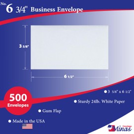 500 Minas Envelope # 6 3/4 Business Envelope, 3 5/8" x 6 1/2", Sturdy 24lb. White, Gum Flap, 500 Envelopes (Plain)