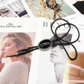 JPJZY BRBAM Oval Shaped Natural Stone Bolo Tie Vintage Style Gemstone with Stylish Twist Trim Leather Necktie for Men and Women (Black Agate)