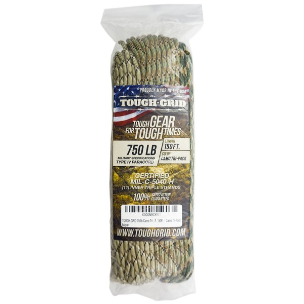 TOUGH-GRID 750lb Camo Tri-Pack Paracord/Parachute Cord - 100% Nylon Mil-Spec Type IV Paracord Used by The US Military, Great for Bracelets and Lanyards, 150Ft. - Camo Tri-Pack