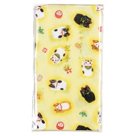 MIKURA Double Gauze Tenugui, Japanese Towel, Ohadani yasashii Gauze tenugui, Maneki-Neko, Lucky cat (Cream)