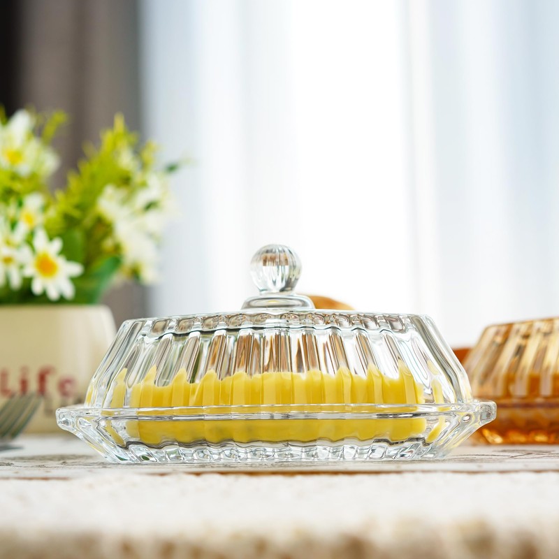 6.5'' Glass Butter Dish with Lid,Clear Classic Covered Butter Container