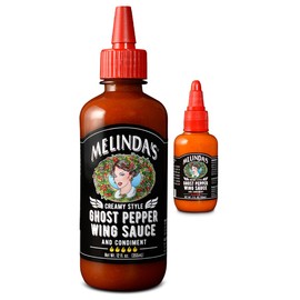Melinda’s Ghost Pepper Wing Sauce - 1 Pack 12 Oz &Mini - Gourmet Spicy Hot Sauce - Made with Fresh Ingredients, Ghost Peppers (Bhut Jolokia), Habanero Pepper, Carrot, Garlic, Lime - Vegan, Gluten Free