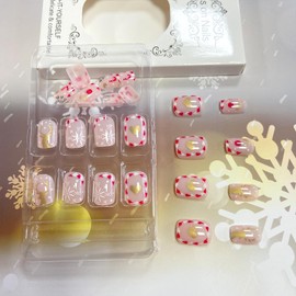 Vopintpy Cute Snowflake Deer Fake Nails Short Square Christmas Press on Nails with Heart Glue on Nails Glossy Winter Xmas Acrylic Stick on Nails for Women DIY New Year Manicure