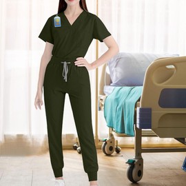 Uniform Scrub Set Short Sleeve Nurse Top and Pants V Neck Womens Work Suits Workwear for Healthcare, Cosmetology, Pet Shop, Green, S