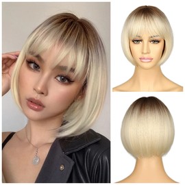 Sapphirewigs Blonde Bob Wigs for Women Ombre Wig with Bangs Dark Roots Short Bob Wig Daily Party Wig Natural Looking Wig 12inch