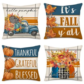 Smilyard Autumn Decorative Pillow Covers 24x24 Inch Set of 4 Hello Fall Y’All Blue Truck Buffalo Pumpkins Mason Jar Thankful Grateful Blessed Decor Maple Leaf Pillows Cushion Case for Home Sofa Couch