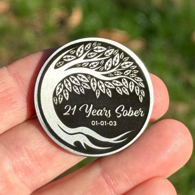 Personalizable Black and Silver Sobriety Token | Customizable Chips &