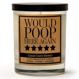 Would Poop Here Again, Kraft Label Scented Soy Candle, Citrus, Jasmine, Lavender, 10 Oz. Glass Jar Candle, Made in The USA, Decorative Candles, Funny and Sassy Gifts