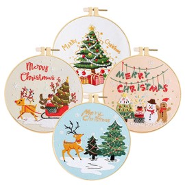 Huacan Embroidery Kits Christmas for Adults Beginner 4 Pcs DIY Cross Stitch Stamped Pattern Stitching Sewing Kit 7.9 x 7.9 Inch