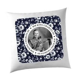 SmartyPants Navy Floral King Charles III White Cushion - Royal Coronation Majesty The King Crown Vintage Classic Ornate Celebration Memorabilia Home Decor Furnishing (Cover+Filling)