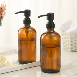 AmazerBath Amber Glass Soap Dispenser, 2 Pack Thick Amber Pint Jar Bottle with Black Pump Stainless Steel, 17 Oz Bathroom Hand Soap Dispenser for Liquid Lotion, Dish Soap Dispenser for Kitchen