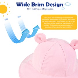 Zando Baby Girl Sun Hat Toddler UPF 50+ Adjustable Bucket Hat for Baby Sun Hats with Bear Ear Wide Brim Toddler Beach Hat Infant Sunhat for Baby Boy Hats Newborn Sun Hat Pink 6-12 Months