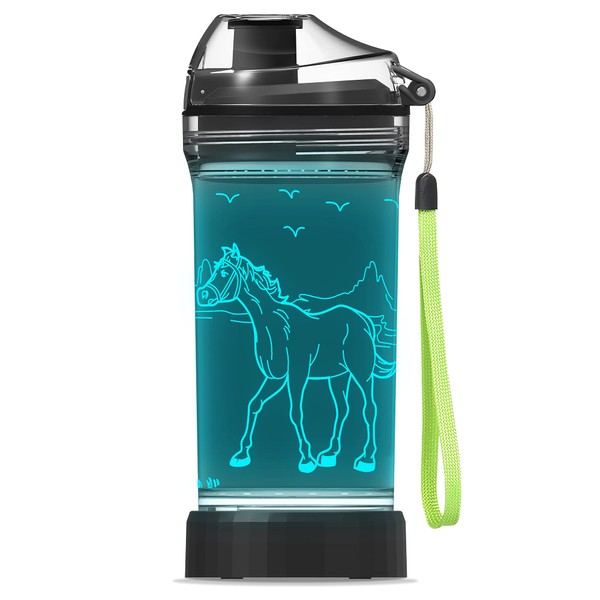 YuanDian Horse Water Bottle, Horse Gifts for Girls, Light Up Kids Drinks Bottle with 3D Glowing Night Light - 14 OZ Tritan BPA Free Eco-Friendly - Cool for School Kindergarten Boys and Girls