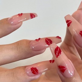 Nude Pink Press on Nails Long Coffin Fake Nails Valentines Nails Press ons with Red Lip Design,Reusable Artificial Nails Full Cover Stick on Nails for Women Manicure 24 Pcs
