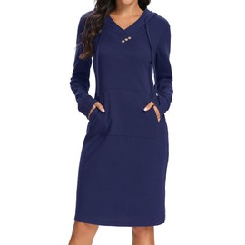 Kimmery Ladies Dresses, Long Tunic Dress for Juniors Full Sleeve with Pockets V Neck Mini Dresswear Fall Light-Weight Park Picnic Home Tunics Blue XXL