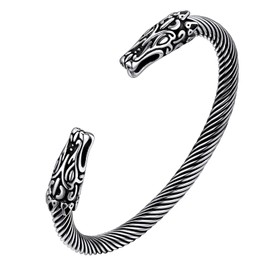 FaithHeart Nordic Viking Cuff Bangles, Punk Fenrir Wolf Head Bracelets Wristband Stainless Steel Norse Amulet Arm Rings, Open Bangle for Man Woman