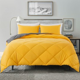 Decroom Lightweight King Comforter Set with 2 Pillow Sham - 3 Pieces Set - Quilted Down Alternative Comforter/Duvet Insert for All Season - Yellow/Grey- King Size