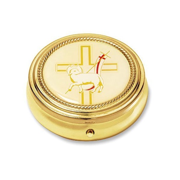 Holy Lamb of God w Latin Cross Design Gold Plate Catholic Religious Hospital Church Communion Pyx for Hosts