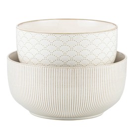 Mikiegy Ceramic Mixing Bowls Set of 2, Nesting Ceramic Embossment Stoneware Mixing Bowls for Cooking, Serving, Popcorn, Salad etc, Microwave & Dishwasher Safe, 98/145 oz, Off-White