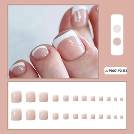 24Pcs CEWEWP White French Toenails Press On Toenails, Short Square Toe Nail Press on Nail Kit, Full Cover Glue On Fake Toe Nails, Acrylic Stick on Toenails French Tip for Women Girls, Skin Tone