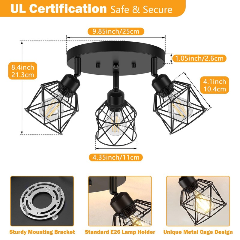 Baocuz 3-Light Kitchen Flush Mount Ceiling Light, Adjustable Multi-Directional Ceiling