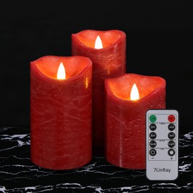 7LinRay Burgundy Flameless Candles with Remote, Real Wax Battery Operated LED Candles, Flickering Flameless Pillar Candles for Wedding, Festival, Set of 3