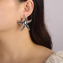 Starfish Earrings for Women Starfish Stud Earring Statement Big Starfish Earrings Bohemia Beach Surfer Starfish Earrings Beach Jewelry Accessories (Silver, One size)