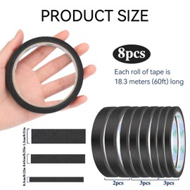 Fine Line Tape, 8 Rolls Masking Tape, Black Painter's Tape, Crepe Tape, Whiteboard Art Tape, Chart Tape, Fineline Tape, Decorative Strip Tape, Wide Graphic Tape for Crafts, Labels (3/6.5/13 mm Wide)