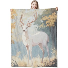 CUEBOS White Deer Flannel Throw Blanket 50x60 Inch, Soft Pastel Tone Elegant Animal in Autumn Forest Blankets Soft Cozy Fleece Throws for Nature Lover Bed Sofa Dorm Living Room Fall Decor Gifts