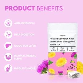 TZTZBOM Natural Premium Roasted Dandelion Root with Milk Thistle and Peppermint, Herbal Tea for Liver Cleansing, 20 tea bags