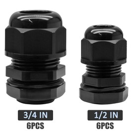 Kyuionty 12 Pcs Nylon Cable Glands, Black Strain Relief Cable Cord Connector IP68 Waterproof Junction Box Wire Protectors Adjustable (6 Pcs 3/4" NPT + 6 Pcs 1/2" NPT)