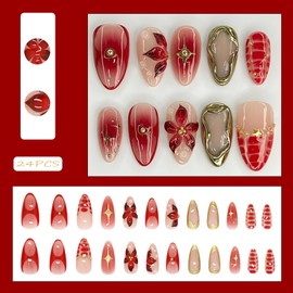 24Pcs Fall Almond Press on Nails Medium Fake Nails with Glue Flower Golden Steel Ball Design Red Gradient False Nails Reusable Acrylic Nails Press ons Autumn Full Cover Stick on Nail for Women