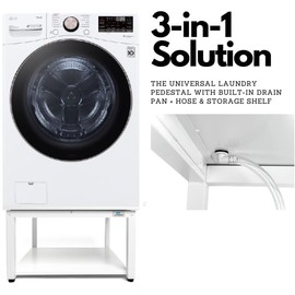 EZ Laundry - Laundry Pedestal for Washer/Dryer, 27" Anti-Vibration Steel Stand with Adjustable Feet Elevates 16", Includes Drain Pan & Hose (White)