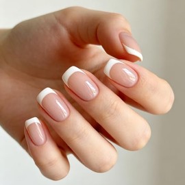 Modelones Uñas postizas a presión con puntas francesas, uñas postizas cortas cuadradas de verano rosa y blanco, kit de uñas reutilizables con pegament