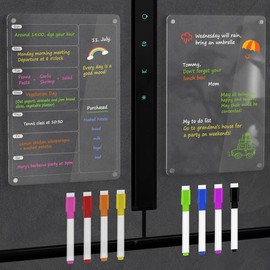 Magnetic Acrylic Calendar for Fridge,2 Pack 12"x16" Clear Fridge Calendar Dry Erase Magnetic Planning Boards Set Includes 6 Colorful Highlight Markers,Magnetic Pen Holder and Erase Towel - Style: Meal Planner+Blank Board